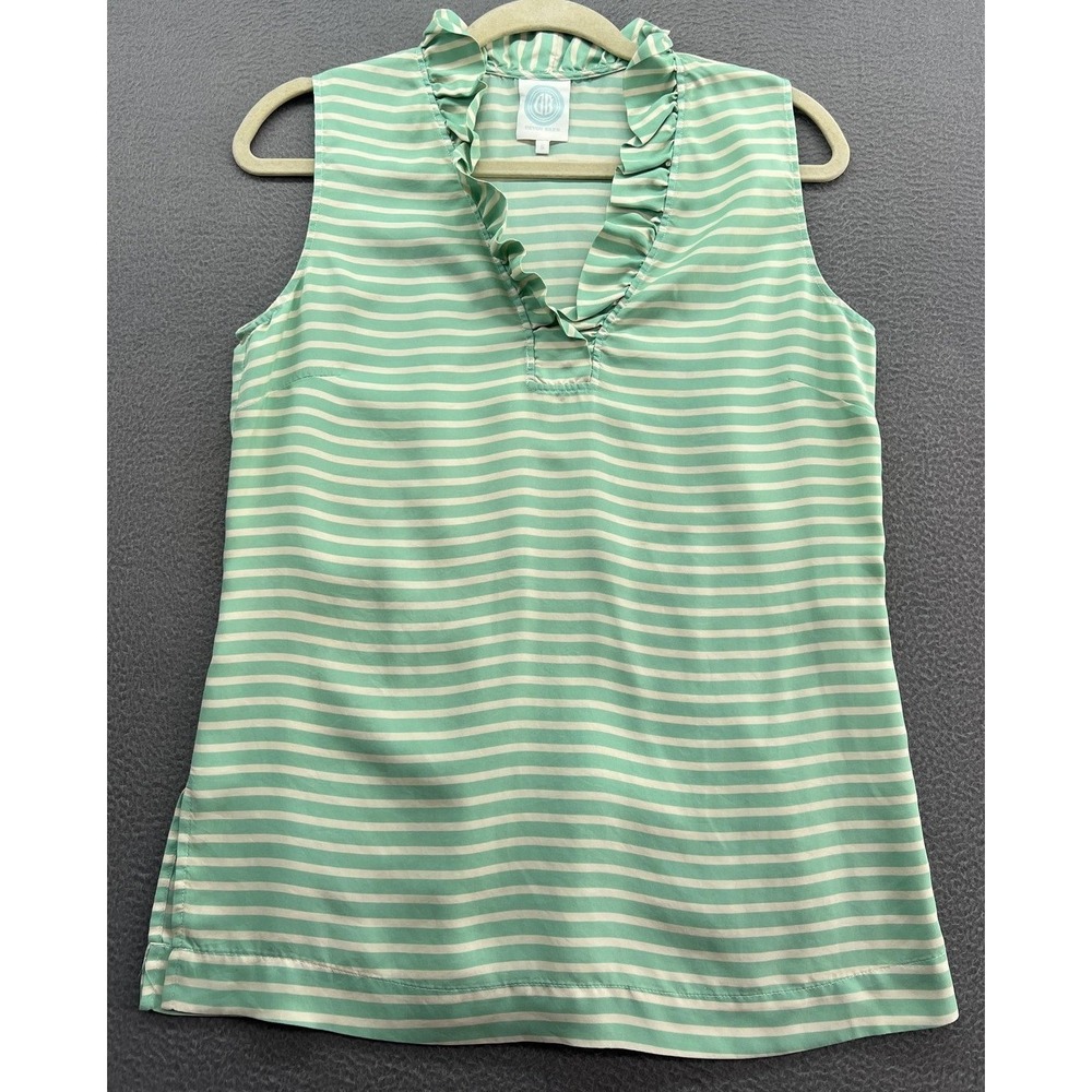 Devon Baer Blouse Womens Small Green White Striped Silk Tunic Ruffle V-Neck